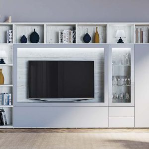 Mueble de salón con Librería y vitrina en Blanco y Gris nube