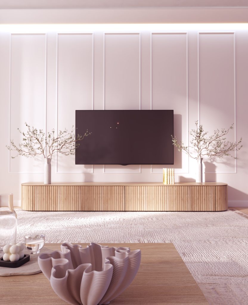 mueble de televisión con palillería en roble natural de Luca Atelier