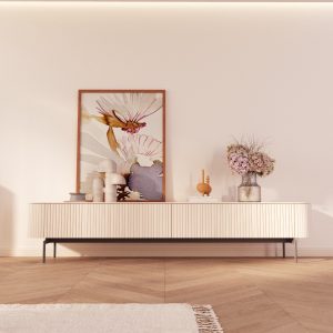 Mueble de televisión con relieve lacado en blanco y patas metálicas