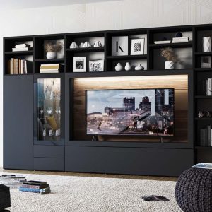 Mueble de salón con Librería y vitrina en Negro y fondo Fresno Olivato