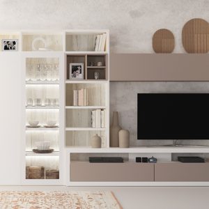 Mueble de Televisión con Librería Blanca y detalles en Tierra