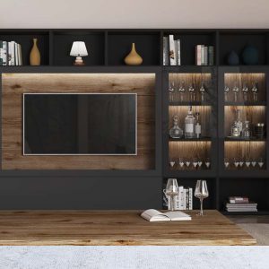 Mueble de Televisión con Librería en negro y Roble Vintage