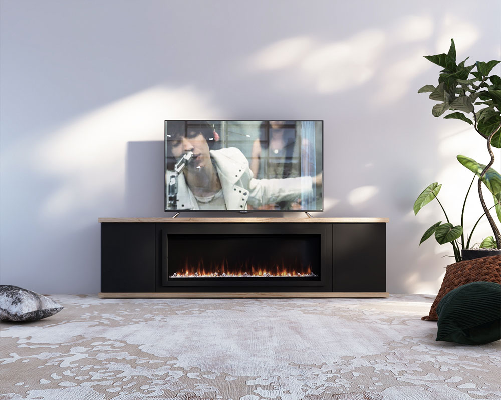 Mueble de televisión con chimenea negro y roble de luca atelier