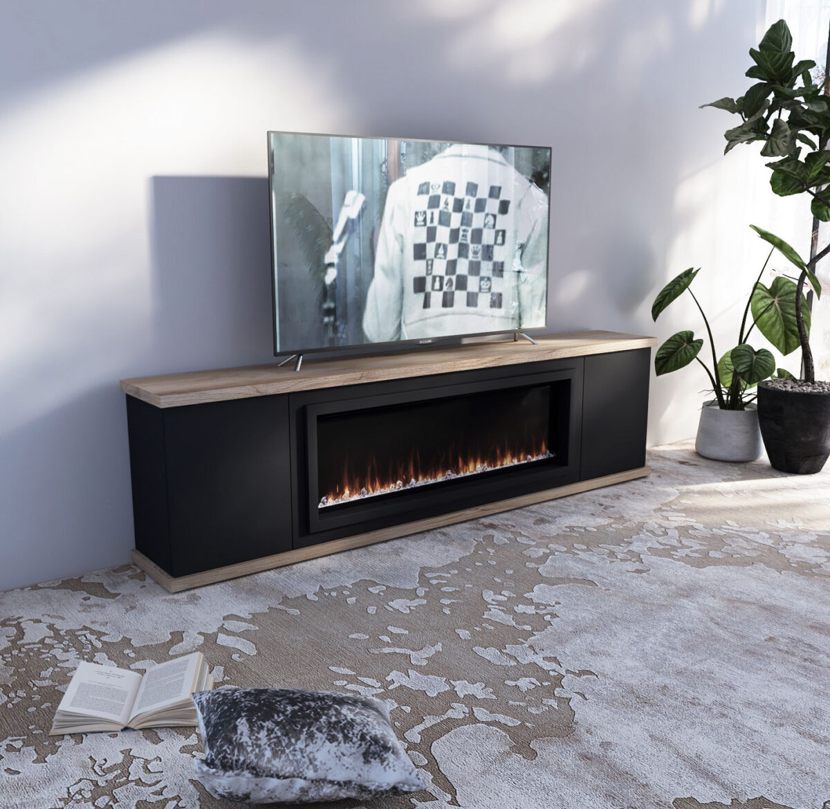 Mueble de televisión con chimenea negro y roble de luca atelier