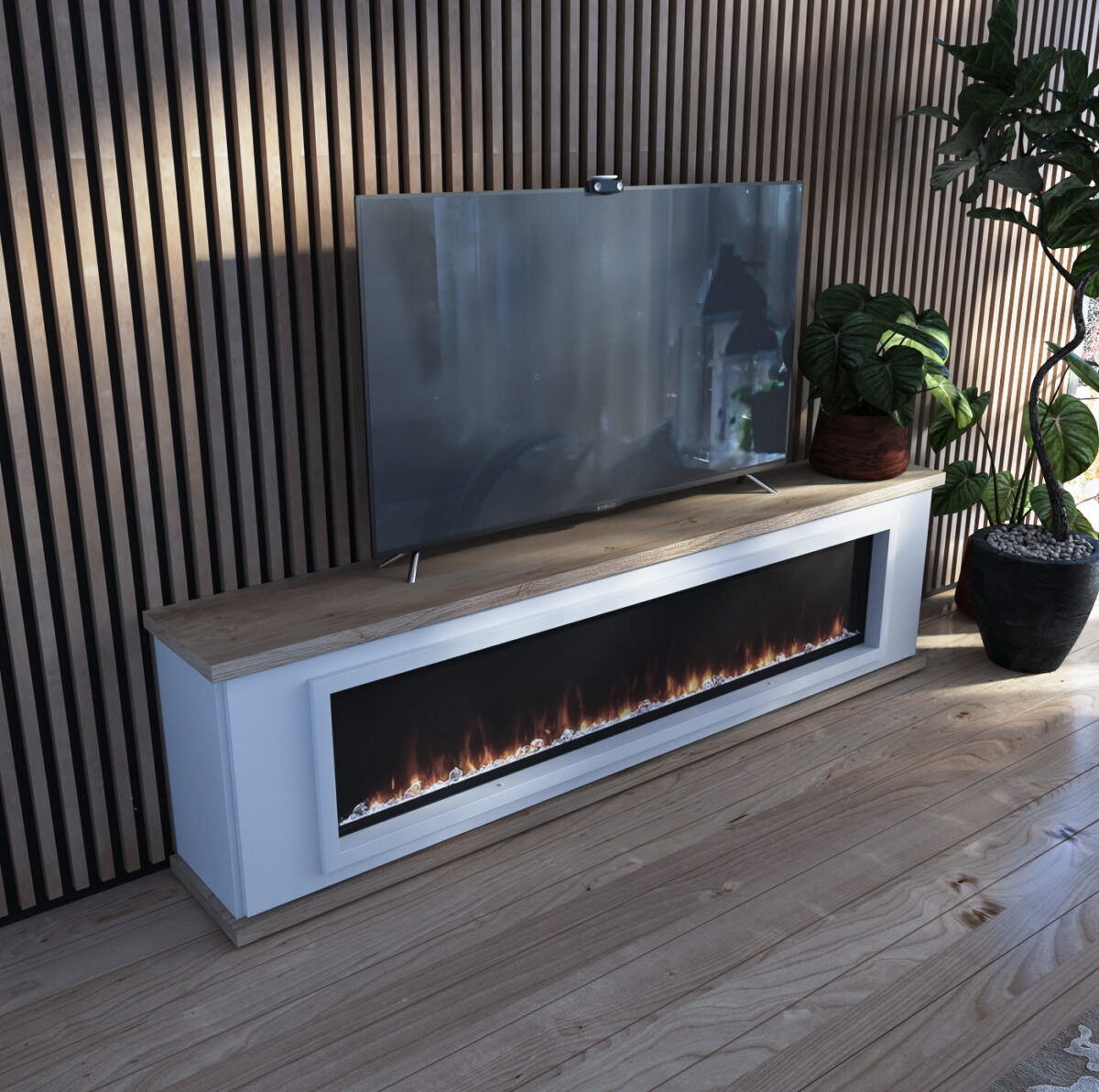 Mueble de televisión con chimenea blanco y roble de luca atelier