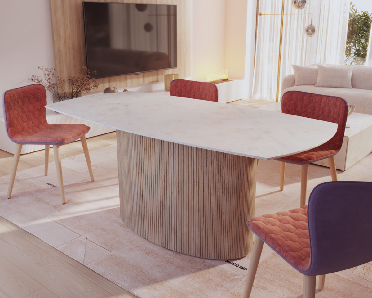 mesa de comedor de piedra dekton y madera natural