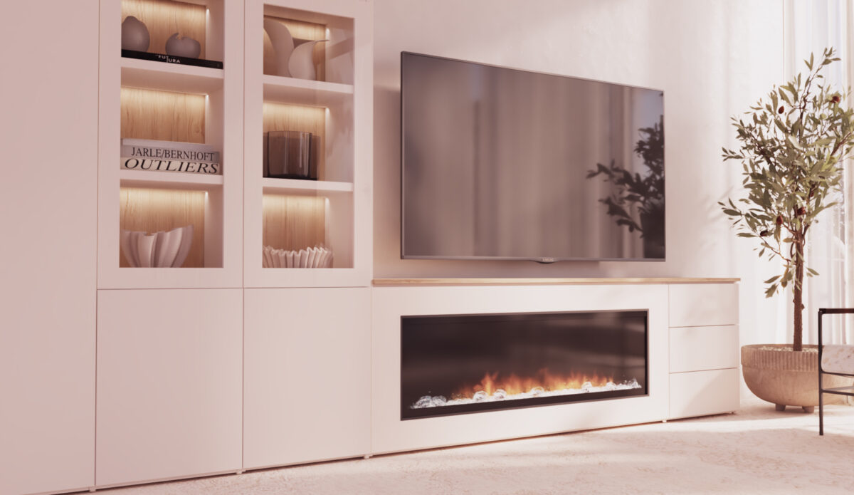 mueble de salón con chimenea eléctrica adaptada de Luca Atelier