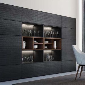 Librería a medida en Madera negra y detalles en Nogal