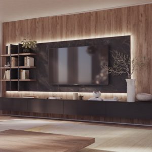 Mueble de salón a medida con estantes colgados en Roble