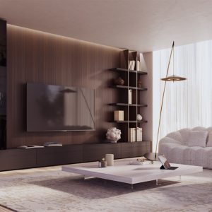 Mueble de salón a medida con vitrina en Eucalipto