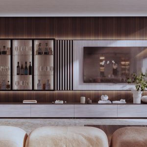 Mueble de salón a medida en Eucalipto y piedra Tazacorte