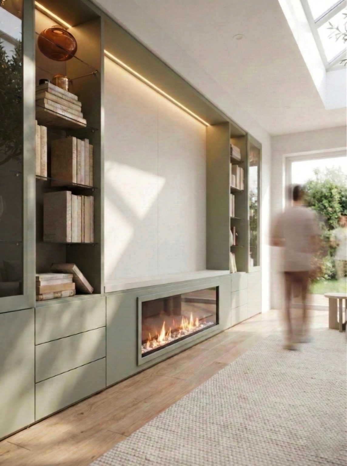 Mueble de salón con chimenea en verde menta y coco de Luca Atelier