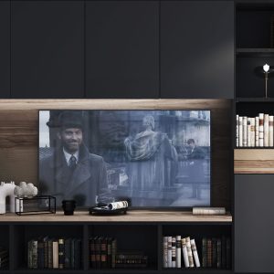 Mueble de salón / Librería a medida en negro y detalles en fresno olivato