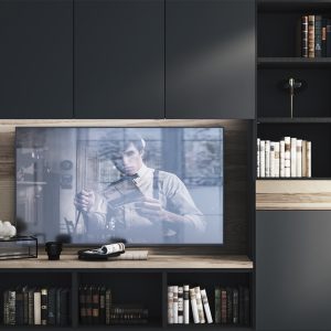 Mueble de salón / Librería a medida en grafito y fresno olivato