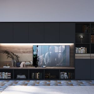 Mueble de salón / Librería a medida en grafito con almacenamiento