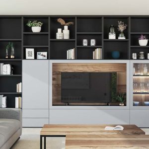 Mueble de salón con Librería y vitrinas en oscuro y gris nube