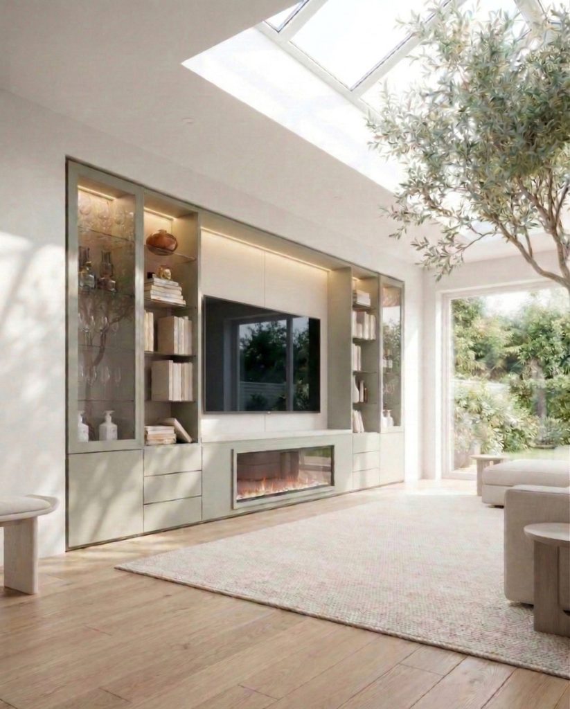Mueble de salón con chimenea en verde menta y coco de Luca Atelier
