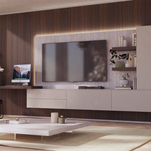 Mueble de salón lacado en gris con escritorio a medida