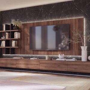 Mueble de salón a medida en Nogal y piedra Marquina