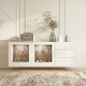 Aparador con vitrina iluminada en blanco con fondo de Fresno con tres cajones de Luca Atelier