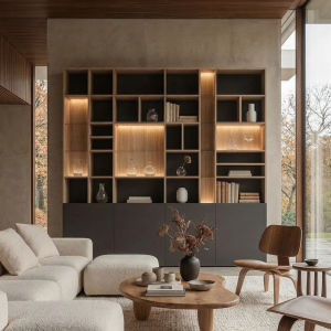 Librería a medida con espacios iluminados en Fresno Mistic y Antracita de Luca Atelier