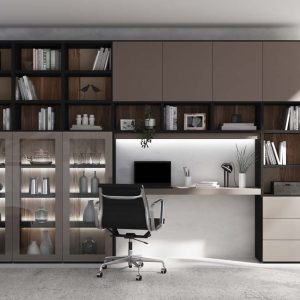 Librería con acabado en fresno con escritorio a medidavde luca atelier
