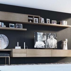 Mueble de salón con laminado negro y roble con escritorio a medida de luca atelier