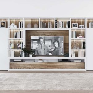 Mueble de Televisión con Librería en Blanco y Fresno Olivato