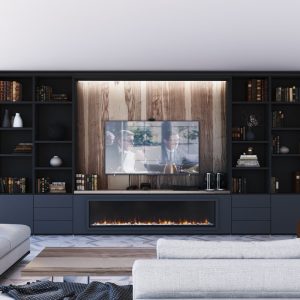 Mueble de salón con chimenea en Grafito y Negro Poro a medida