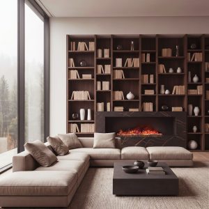 Librería con chimenea en Eucalipto y piedra Dekton Luca Atelier