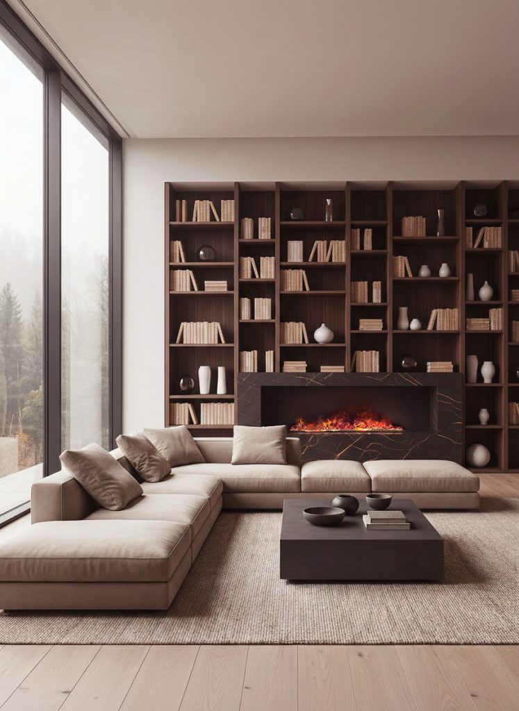 Librería con chimenea en Eucalipto y piedra Dekton Luca Atelier