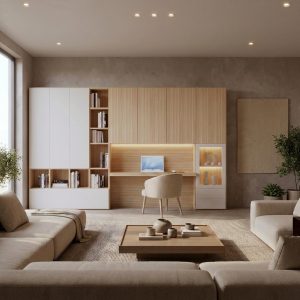 Librería lacada en blanco y acabado fresno con escritorio a medida de Luca Atelier