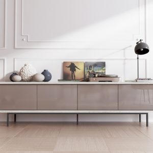 Mueble de televisión Glasses lacado en Blanco Rústico y Tierra