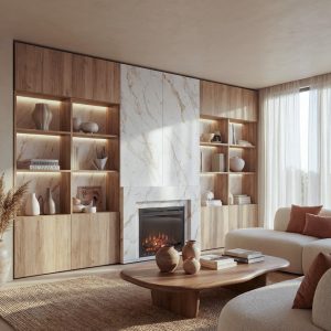 Mueble de oficina a medida con chimenea de luca atelier
