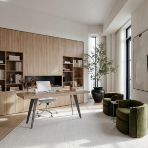 Mueble de oficina a medida con chimenea de Luca Atelier