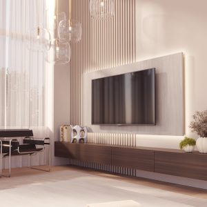Mueble de salón a medida en Eucalipto y panel en efecto Carrara