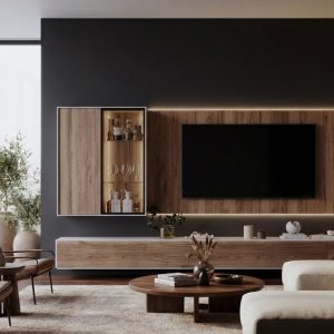 Mueble de salón a medida con vitrina colgada, iluminada en Roble de Luca Atelier
