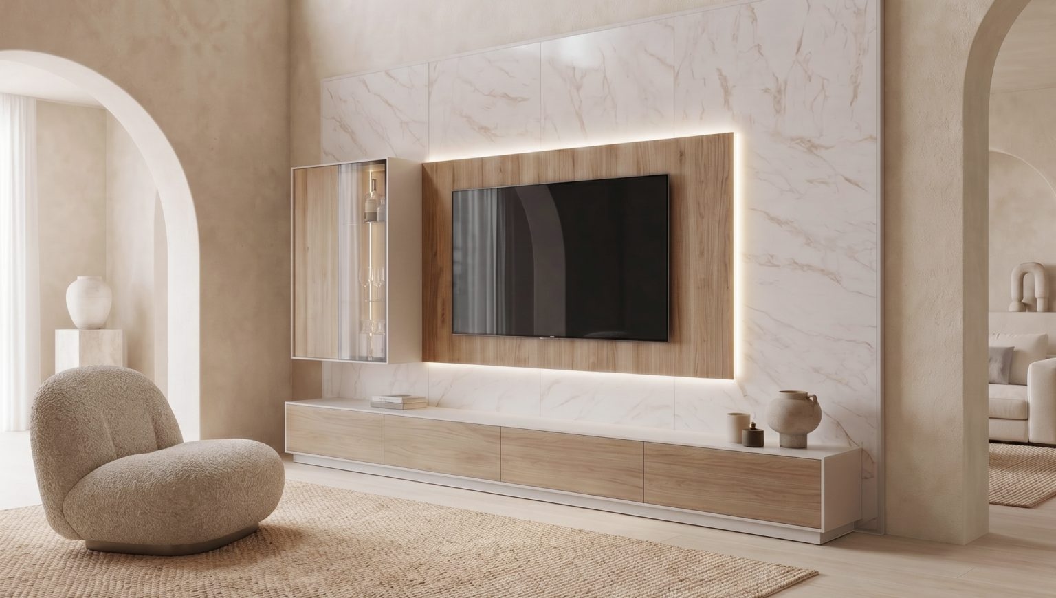 Mueble de salón a medida con vitrina colgada en Roble de luca atelier