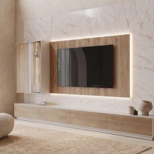 Mueble de salón a medida con panelado piedra efecto mármol y una vitrina iluminada, de Luca Atelier