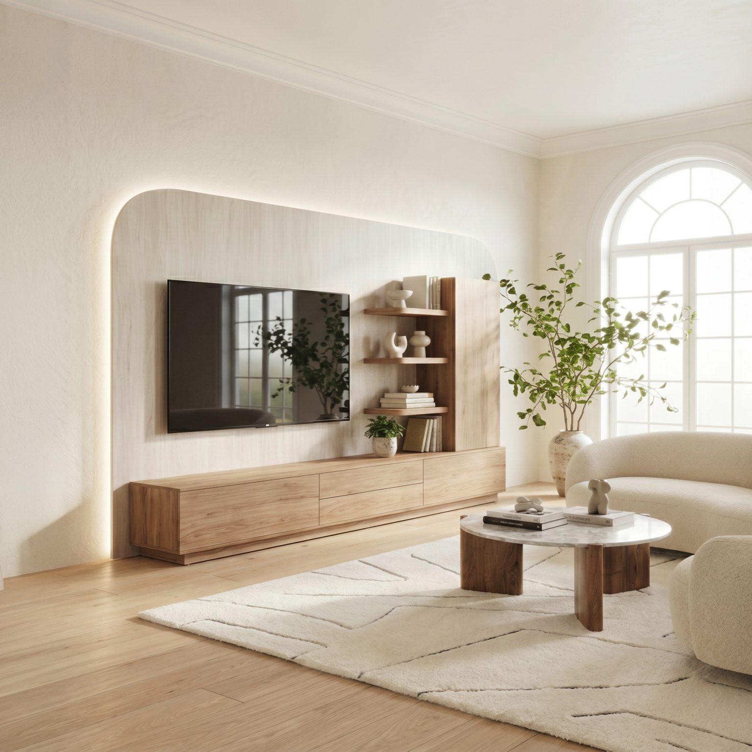 Mueble de salón a medida de roble y panelado iluminado, en piedra de luca atelier