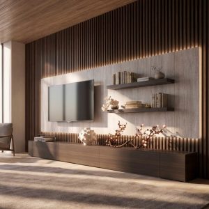 Mueble de salón a medida en Eucalipto con palilleria y panel iluminado, con estantes de Luca Atelier