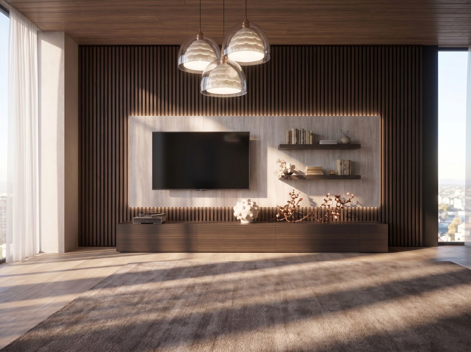 Mueble de salón a medida en Eucalipto con palilleria y panel iluminado, con estantes de Luca Atelier