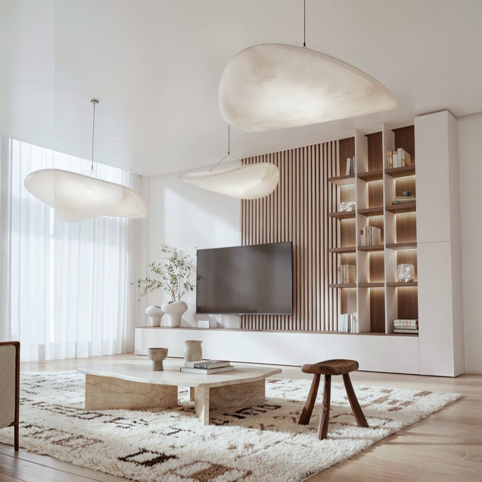 Mueble de salón a medida gris perla con palillería de fondo