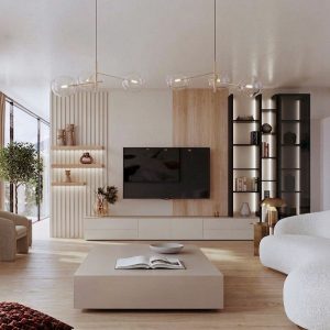 Mueble de salón a medida lacado en gris perla y Roble Nudoso