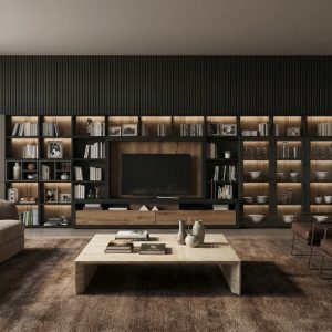 Mueble de salón con Librería y vitrina en Grafito y fondo Fresno de luca atelier