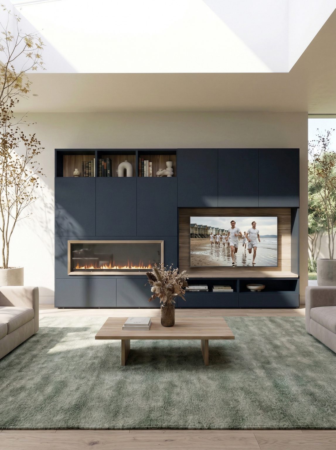 Mueble de salón con chimenea a medida en Azul Océano de Luca Atelier