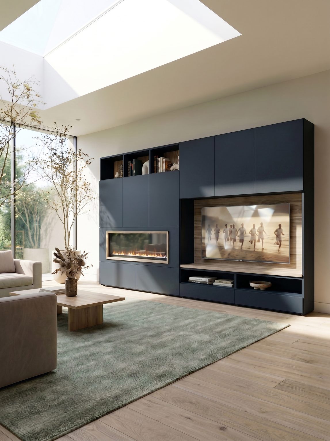 Mueble de salón con chimenea a medida en Azul Océano de Luca Atelier