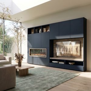 Mueble de salón con chimenea a medida en Azul Océano de Luca Atelier