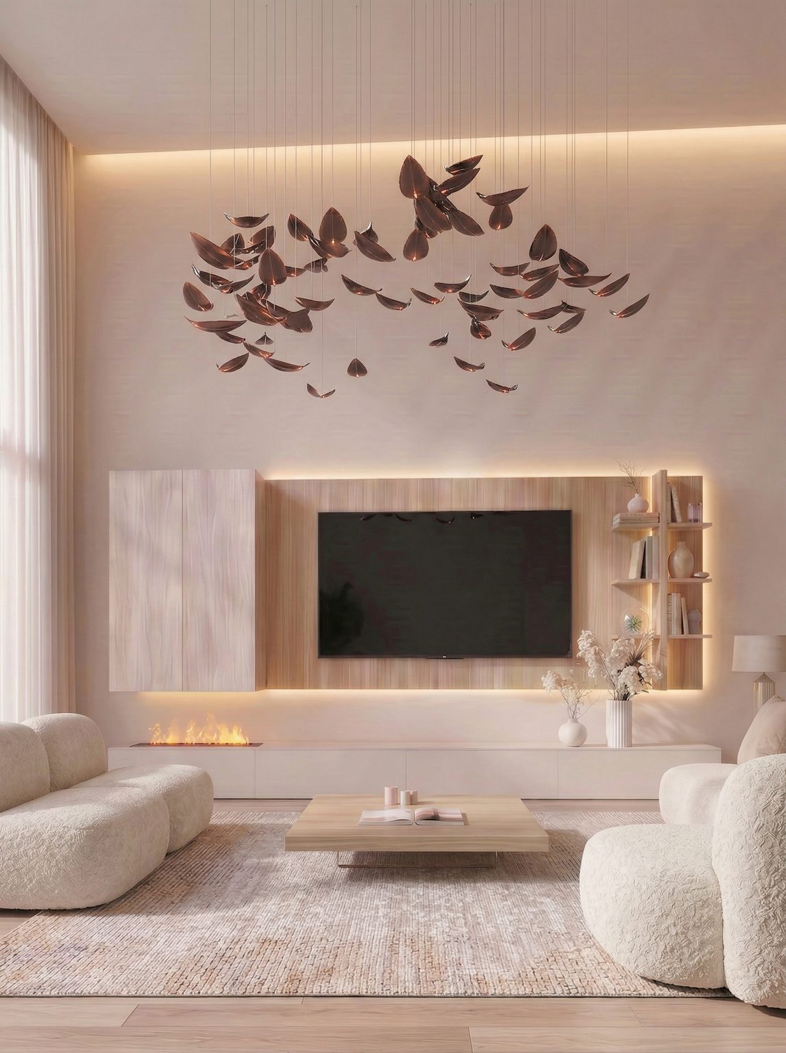 Mueble de salón con chimenea de vapor con efecto de tiro de chimenea en piedra de Luca Atelier