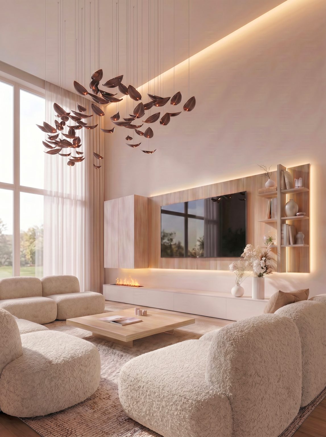 Mueble de salón con chimenea de vapor con efecto de tiro de chimenea en piedra de Luca Atelier